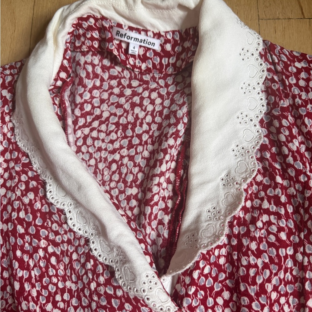 Reformation Red and Cream Lace Collar Blouse